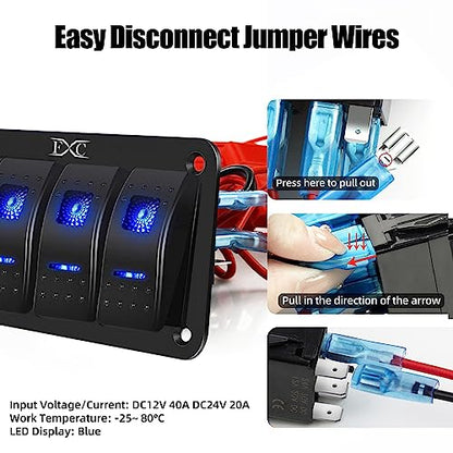 FXC Pre-Wired 5 Gang Rocker Switch Aluminum Panel with 40A Inline Fuse, Waterproof 6-Pin On-Off Car Boat Switch, Blue LED Switch Panel for Marine Boat Automotive RV Truck ATV Vehicles 12V/24V - style: 5 Gang