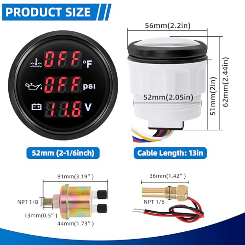MH Triple Gauge Set - Water Temp (104°F-248°F), Oil Pressure (0-145PSI), Voltmeter (9-32V), AUTO Gauge with Sensors 2" 52mm 3-in-1 Boat Marine Meter Kit (Black) - color: Black
