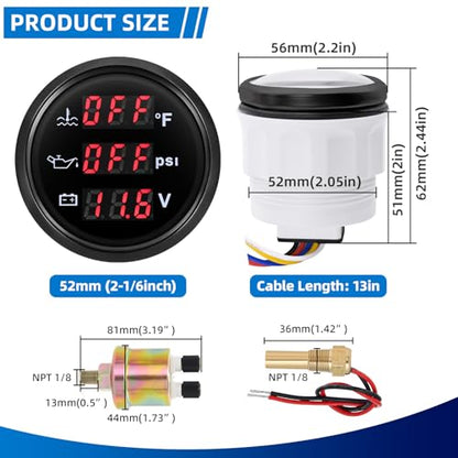 MH Triple Gauge Set - Water Temp (104°F-248°F), Oil Pressure (0-145PSI), Voltmeter (9-32V), AUTO Gauge with Sensors 2" 52mm 3-in-1 Boat Marine Meter Kit (Black) - color: Black
