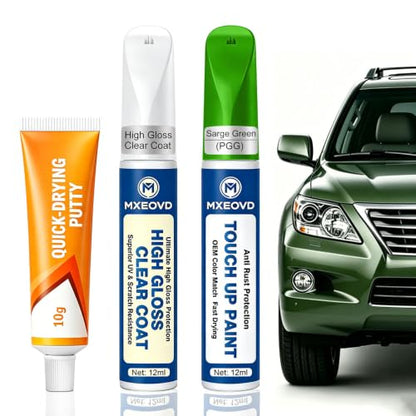 Sarge Green (PGG) Touch Up Paint Compatible with Jeep, All in One Car Scratch Repair Kit with Primer Putty & Clear Coat, Complete Sanding Tools Set for Scratches Chips Nicks