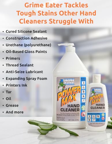 Grime Eater Power Max Hand Cleaner with Pumice - Heavy Duty Mechanic Soap for Grease, Oil, Urethane, Adhesives, Paint & Ink - 1 Gallon Pump Jug - Lanolin-Free Industrial Wash - size: 128 Fl Oz (Pack of 1)
