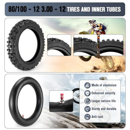 80/100-12 3.00-12 Back Rear Tire and Inner Tube, 80/100-12 Dirt Bike Tire, 12 Inch Rear Dirt Bike Tire compatible with Honda CRF70 XR70 Kawasaki KLX110 Yamaha TTR90 PW80 Pit Bike (90cc 110cc 125cc)