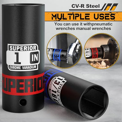 12 Piece 1/2" Drive Impact Socket Set, 3/8" - 1" Deep Socket, SAE, 6 points, CR-V Material, Cars, Motorcycles, Tire Changes - size: 1/2" Deep SAE
