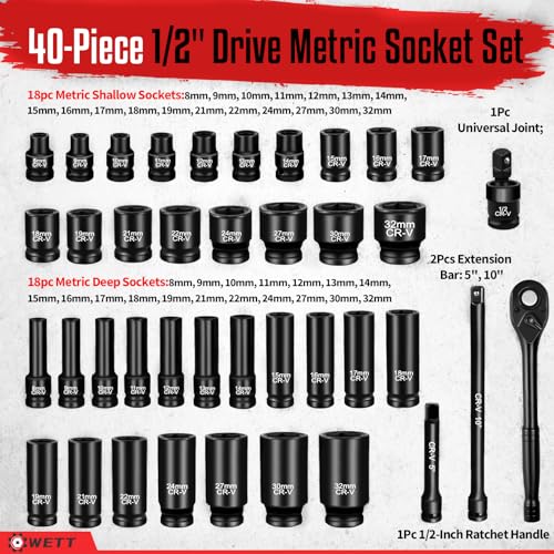 WETT 1/2" Drive Metric Impact Socket Set, 6‑Point, 8‑32mm with Ratchet - size: 1/2" Drive Metric Socket Set (40pcs)