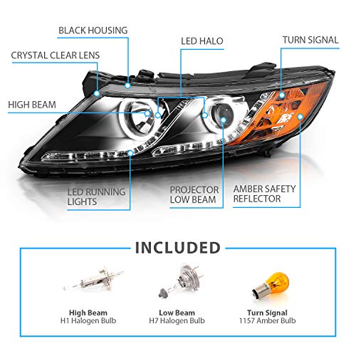 AmeriLite for 2011-2015 Kia Optima Halogen Model Xtreme LED Halo Rings Projector Black Replacement Headlights Set - Driver and Passenger Side - color: Black
