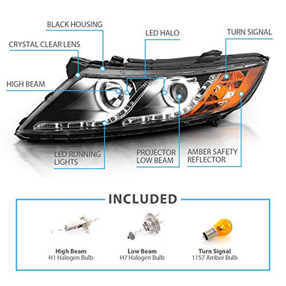 AmeriLite for 2011-2015 Kia Optima Halogen Model Xtreme LED Halo Rings Projector Black Replacement Headlights Set - Driver and Passenger Side - color: Black