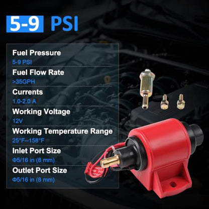 12V Electric Fuel Pump Low Pressure 5-9 PSI Inline - size: 5-9 PSI 35GPH