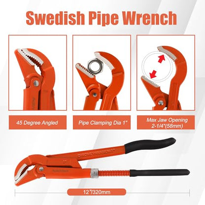 12-Inch 45°Angled Jaw Swedish Pipe Wrench