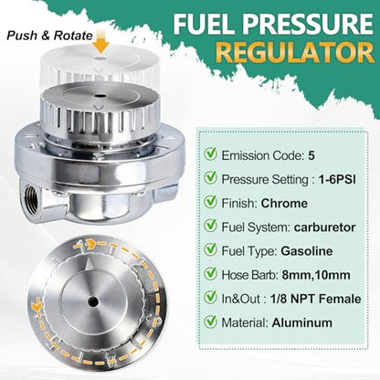 1-5 PSI Carb Fuel Pressure Regulator Kit Universal Adjustable for Carburetor Engine with 1/4 5/16 3/8 Fittings FPR