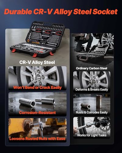 VEVOR Mechanics Tool Set, 314-Piece Mechanic Tool Kit, 1/4 in, 3/8 in, and 1/2 in Drive, Metric Socket Set, Wrenches, Screwdriver Bits, Accessories, and Storage Case, for Automotive and Home Repair - size: 314-PCS