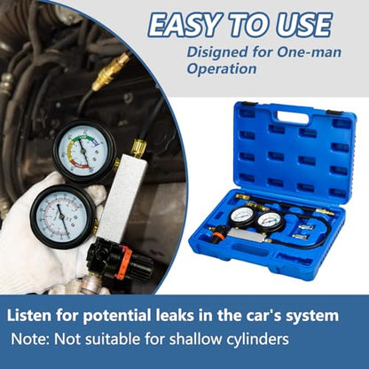Cylinder Leak Down Tester Kit Compression Leakdown Detector Leakage Test Set for Gasoline Engine Leak Detection Tester Kit Dual Pressure Gauges