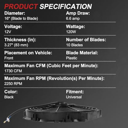 JDMSPEED New Universal Slim 16" Inch 12V Pull 1500 CFM Radiator Cooling Fan with Mounting Black - color: Black, size: 16 Inch
