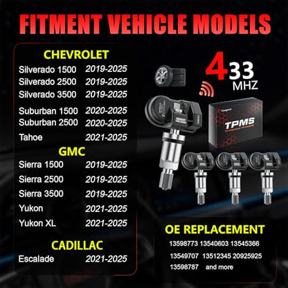 Pre-Programmed TPMS Sensor 433MHz for Chevrolet Silverado/GMC Sierra 1500 2500 3500 (2019-2025), Tahoe/Yukon/Escalade (2021-2025), Suburban (2020-2025), Replace OE 13598773, 13540603-4 Pack