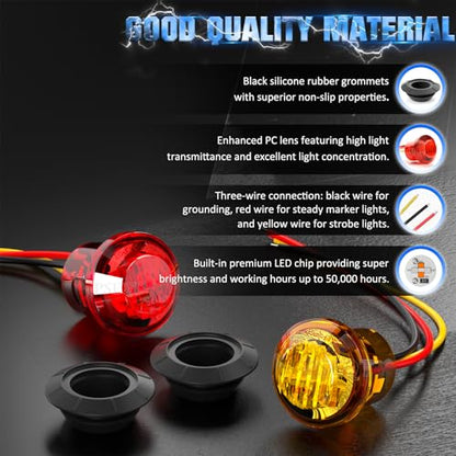 PSEQT 3/4" Strobe Flash+Steady Marker Lights Dual Function LED Trailer Side Clearance Tail Round Lights 12V Brake Stop Turn Signal Warning Lamps for Trailer Truck Bus ATV UTV Van RV (10 Red,10 Amber) - color: 10 Red, 10 Amber