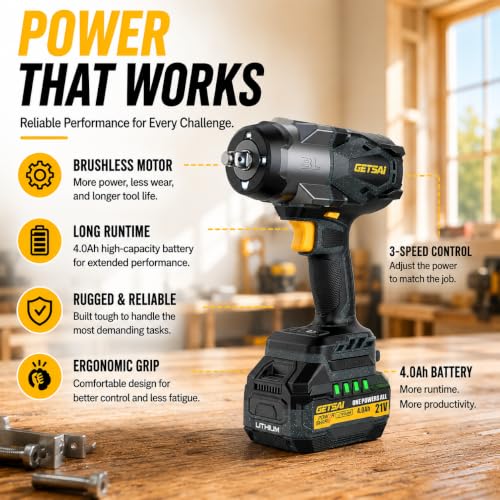 1/2 Impact Gun, 1400N.m (1032Ft-lbs) Super High Torque Impact Wrench with 2 x 4.0Ah Batteries, 21V Cordless Brushless Power Pistola Llave De Impacto with 10 Sockets for Car/Pickup Truck/Mower