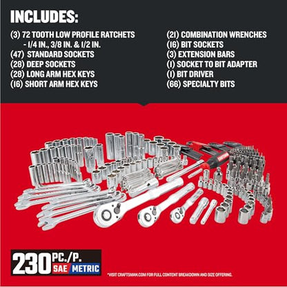 CRAFTSMAN 230 Pcs Mechanics Tool Set, Socket Wrench Set, Car Tool Kit with VERSASTACK Toolbox, SAE and Metric,1/4 in, 3/8 in, and 1/2 Drive, Short and Long Arm Hex Keys (CMMT45306) - style: New 230 Piece Set