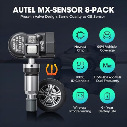 Autel TPMS Sensor, MX-Sensor 2 in 1 (315MHz + 433MHz) for 99% of Cars, Wireless Programming 100% Cloneable, Same as OE Sensors, 6-Year Battery Life (Press-in Metal Valve, 8PCS)