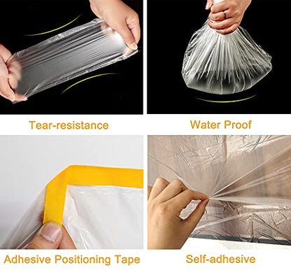 Muf 5 x 65 Feet Plastic Drop Cloth Plastic Sheeting with Masking Tape,Waterproof Protective Masking Film,Prevent Dust Paint for Car,Furniture,Carpet,Floor,1 Pack - size: 5 × 65 feet