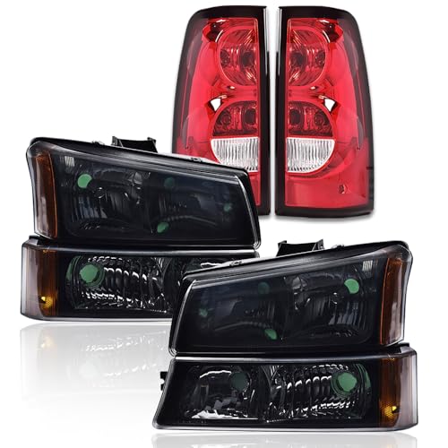 G-PLUS Headlights Assembly & Tail Lights Fit Chevy Silverado 2003-2006 - color: Smoky Lens Black Housing Amber Reflector & Red, size: Basic