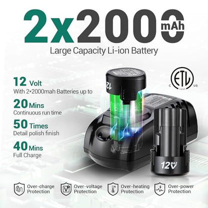 DCA 12V Cordless Buffer Polisher, 3" Brushless Mini Car Polisher & 2" Sander Machine Kit with 2x 2.0Ah Batteries, 2 Variable Speed 2800-8300RPM for Car Detailing Polishing/Buffing/Sanding/Waxing
