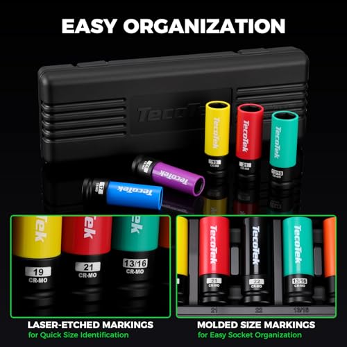 TecoTek 8PCS 1/2" Drive Lug Nut Socket Set, Metric 15 17 19 21 22 MM & SAE 13/16 7/8 in. Wheel Socket Set, Lug Nut Removal Tool, Thin Wall Lug Nut Sockets with Colored Protective Covers