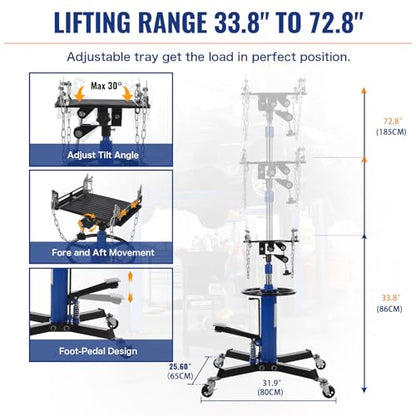 1100 Lbs Transmission Jack | 1100 lbs capacity, 2-stage lift, 33.8-72.8", foot pedal, swivel wheels, heavy-duty.