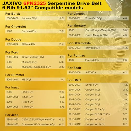 K060915 Serpentine Drive Belt V-Ribbed for 06-08 Lucerne,98-02 Dakota,00-02 Crown Victoria,06-10 H3,07-08 I-290,05-08 9-7X,04-12 Canyon,6PK2325 6K915 - size: 6PK2325-2325mm