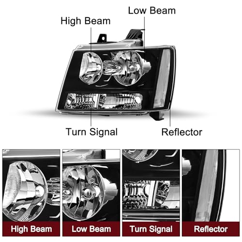 JSBOYAT Headlight with Bulbs Fit 2007-2014 Chevy Tahoe Suburban Avalanche - color: Black Housing with Clear Reflector, size: w/ 9005&H11 Bulbs