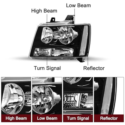 JSBOYAT Headlight with Bulbs Fit 2007-2014 Chevy Tahoe Suburban Avalanche - color: Black Housing with Clear Reflector, size: w/ 9005&H11 Bulbs