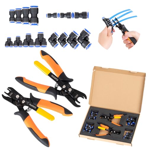PLATATO Push to Connect Fittings Air Line Disconnect Tool Kit Push Fitting Removal Tool for 1/4”, 5/16”, 3/8”, 1/2” (6mm, 8mm,10mm,12mm) Quick Connect Release Pliers with 15 Pcs Pneumatic Fittings