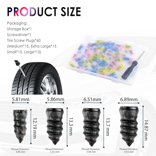 Salior 60PCS Tire Repair Rubber Nail Kit,2026 New Tire Repair Kit with 4 Sizes for Tubeless Tires Puncture,Screw in Tires Repairs Plugs as Emergency Roadside Fix for Car/Motorcycle