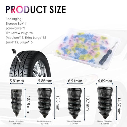 Salior 60PCS Tire Repair Rubber Nail Kit,2026 New Tire Repair Kit with 4 Sizes for Tubeless Tires Puncture,Screw in Tires Repairs Plugs as Emergency Roadside Fix for Car/Motorcycle