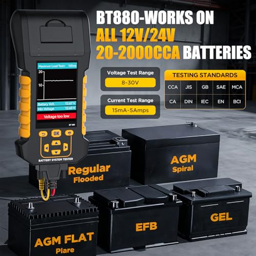 BT880 Car Battery Tester,12V/24V Battery Load Tester with Built-in Thermal Printer, 20-2000 CCA Testing,Cranking/Charging Test,Voltage/Current Monitor,Data Logging & Safety Protections