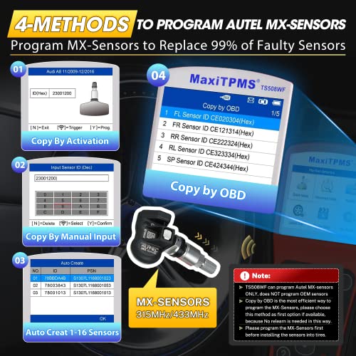 Autel MaxiTPMS TS508WF TPMS Programming Tool, w/ 4PCS ($120) MX Sensors