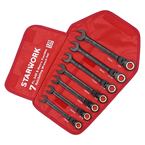 STARWORK TRUE MECHANIC™ 7-Piece 2-in-1 Flex-Head Ratcheting Wrench Set with Rolling Pouch, 120-Tooth, SAE&Metric - size: 7-Piece 120-Tooth Flex-Head