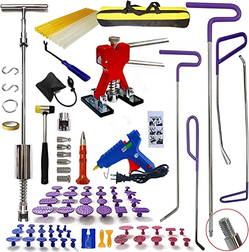 CYGOODS 90pcs/Set Car Body Dent Repair Kit, Slide Puller Tabs Hook Rods Tool Hammer Stainless Steel Pen, Car Body Work Glue Sticks, Red Dent Lifter and More for Auto Hail Damage Remover