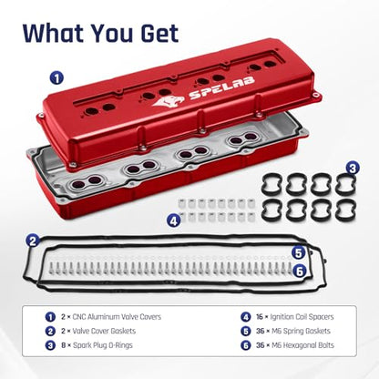 SPELAB Valve Cover Compatible with Hemi Gen III 5.7/6.1/6.4 Engine 2003-2020 Cast Aluminum Red - color: Red