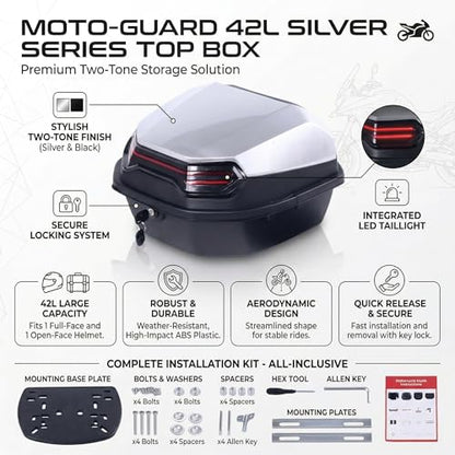 Japard Motorcycle Top Case 42L Daily Rear Tail Box Trunk, Lockable Storage Carrier, Waterproof Universal Mounting for Helmet Luggage (Silver White) - color: CLEARANCE! Silver White