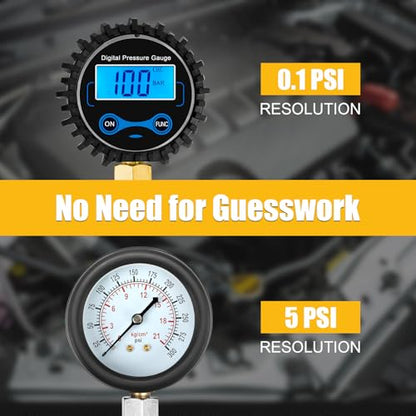 BETOOLL Digital Fuel Pressure Tester Kit - Fuel Pressure Gauge 0-300 PSI with 9.49,7.89,6.30 Fuel Line Fittings Automotive Test Tool Kit - size: Digital Fuel Pressure Test Kit
