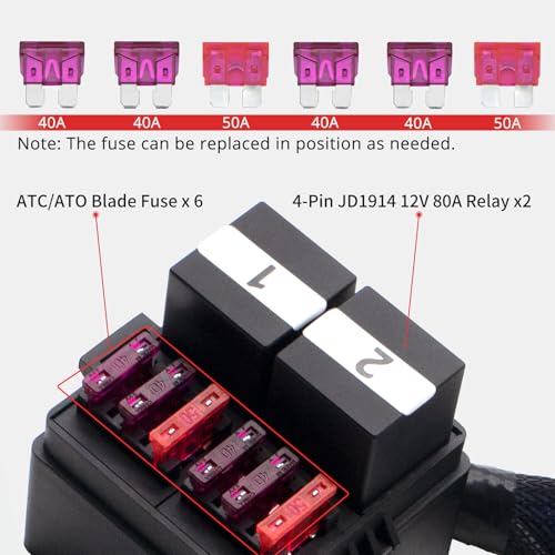 2‑Pack 12V Pre‑Wired Fuse Relay Box – Each with 2 Relays & 6 Fuses, 40A/50A ATC/ATO Fuses, 80A 4‑Pin JD1912 Relay, Wire Rated 30A, for Car Truck RV - size: 80A 2 Relay 6 Fuse-2Pack