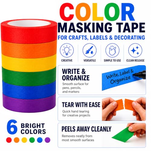 DEART Colored Masking Tape Painters Tape 12, 8 or 6 Pack - 1 or 0.6 Inches for DIY Crafts Arts Supplies, Whiteboard Tape Dry Erase Board Tape for Kids No Residue (6, Large (20 Yd) Multicolor) - size: 1 inch (20 Yd)