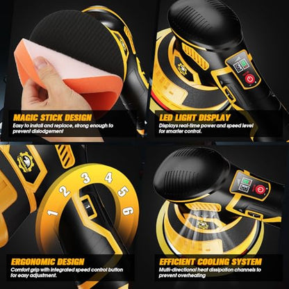 Cordless Car Buffer Polisher kit, DA Polisher with 2*21V Batteries - color: Yellow