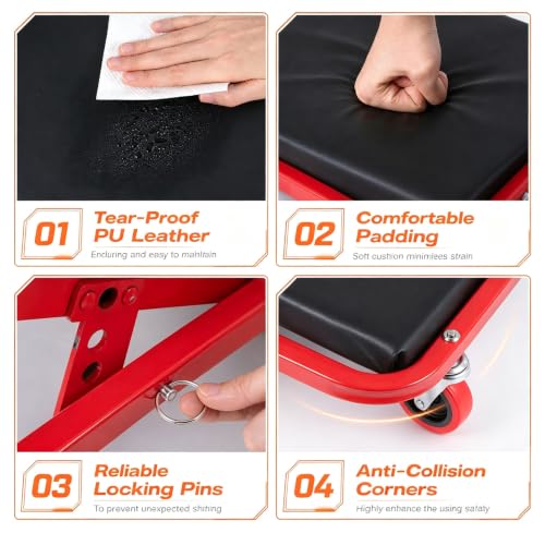 40.5" 4-in-1 Foldable Mechanic Creeper with Adjustable Headrest & 6 Wheels - color: Red, size: 40.5"