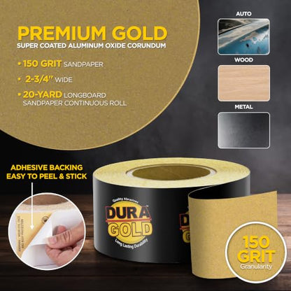 Dura-Gold Gold PSA Longboard Sandpaper, 150 Grit, 20 Yard Roll, 2-3/4" Wide - size: 150-Grit