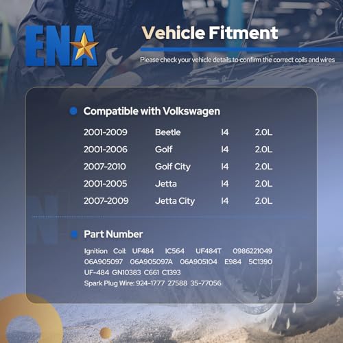 ENA UF484 Ignition Coil Pack with Spark Plug Wire Set 27588 Compatible with Volkswagen 2001-2009 Beetle, 2001-2007 Golf, 2007-2010 Golf City, 2006 GTI, 2001-2010 Jetta, 2007-2009 Jetta City 2.0L L4