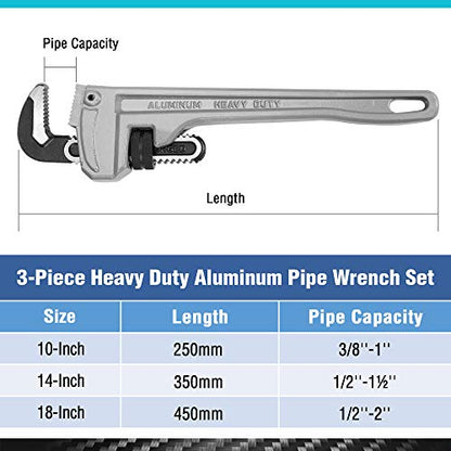 DURATECH 3-Piece Aluminum Straight Pipe Wrench Set, 10",14" and 18" - size: 10, 14, 18-inch, style: Straight