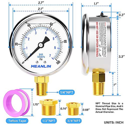MEANLIN MEASURE 0~100Psi Stainless Steel 1/4" NPT 2.5" FACE DIAL Liquid Filled Pressure Gauge WOG Water Oil Air Lower Mount, with 1/2" NPT and 3/8" NPT Hex Bushing - size: 0-100Psi