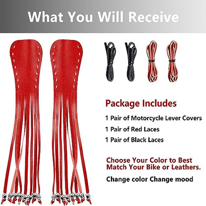 2 PCS Faux Leather Motorcycle Lever Covers with Fringes, Motorcycle Brake Clutch Lever Covers Grip Tassels Motorcycle Handlebar Handle Grip Covers, Fringed Leather Lever Covers Wraps with Skulls - color: Red & Black Laces*1 & Red Laces*1