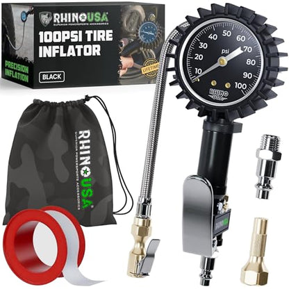 Rhino USA Tire Pressure Gauge with Inflator (0-100 PSI) - Braided Hose - style: 100psi Analog