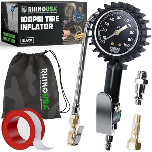 Rhino USA Tire Pressure Gauge with Inflator (0-100 PSI) - Braided Hose - style: 100psi Analog
